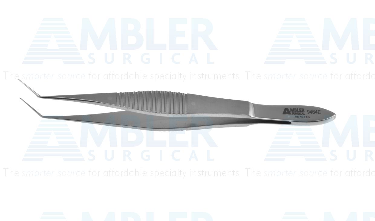 Utrata capsulorhexis forceps, 4 1/8'',angled shafts, 11.0mm from bend to tip, very delicate, triangular grasping tips, flat handle