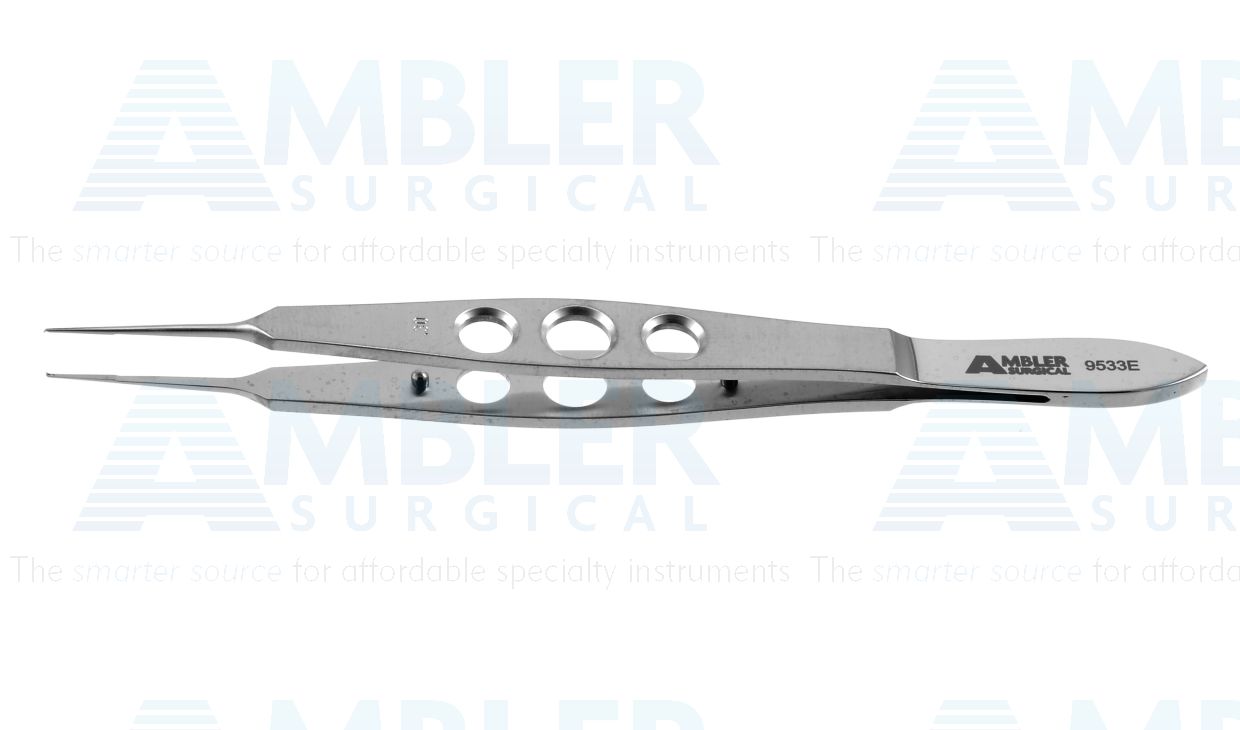 Castroviejo suturing forceps, 4 3/8'',straight shafts, 0.3mm 1x2 teeth, 5.5mm tying platforms, flat 3-hole handle