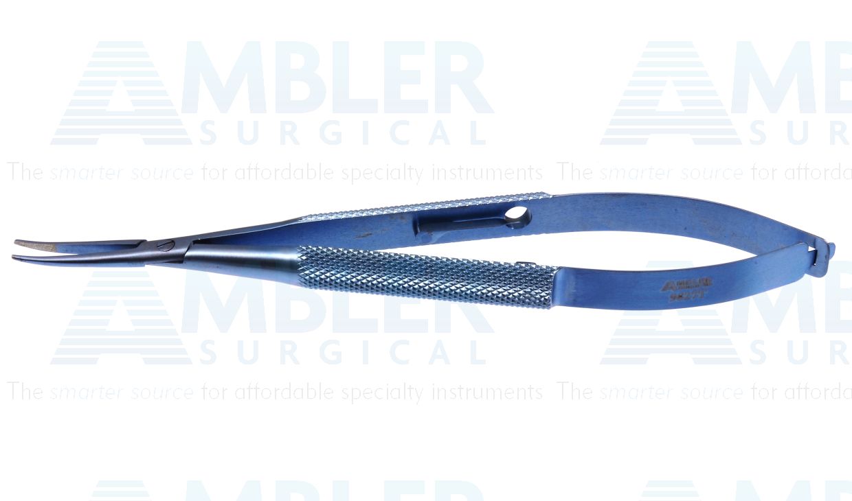 Apt microsurgical needle holder, 5'',delicate, slightly curved, 6.5mm TC dusted jaws, 23.0mm from mid screw to tips, round handle, with lock, titanium