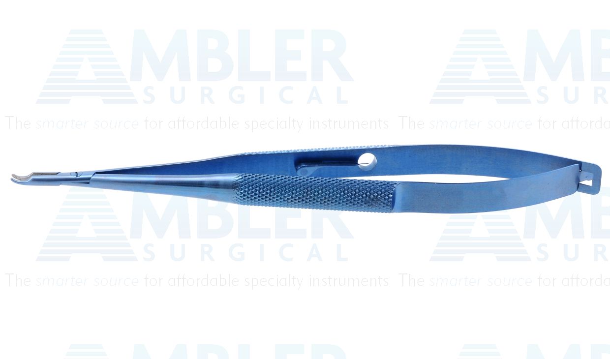 Apt microsurgical needle holder, 5 1/8'',delicate, strongly curved, 10.5mm TC dusted jaws, 14.0mm from mid screw to tips, round handle, with lock, titanium
