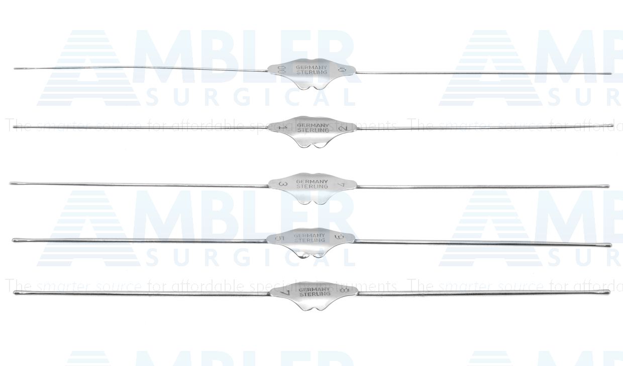 Williams lacrimal probe, 5 5/8'',double-ended, set of 5, malleable, sterling silver (9831E, 9832E, 9893E, 9894E and 9895E)