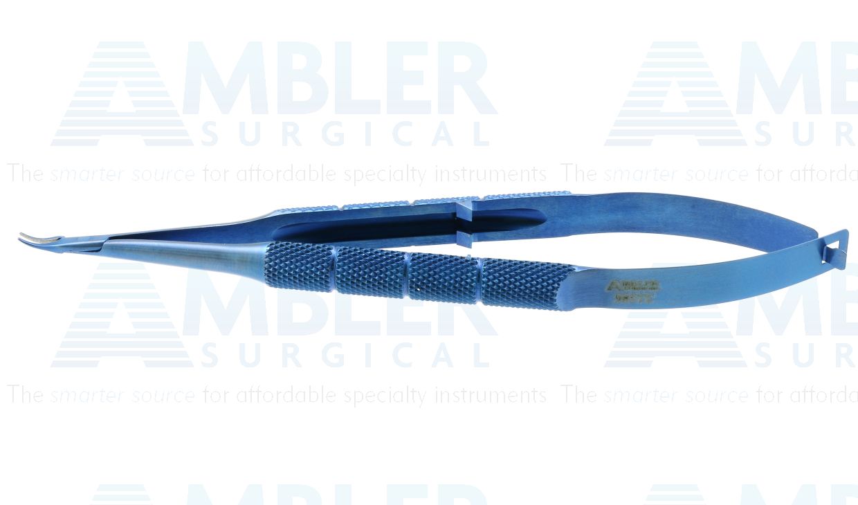 Ambler micro needle holder, 5'',extra delicate, curved 6.0mm TC dusted jaws, 8.0mm diameter round handle, with universal lock, titanium