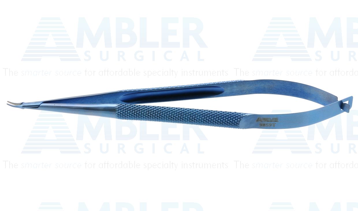 Ambler micro needle holder, 4 3/4'',extra delicate, curved 5.0mm TC dusted jaws, 6.0mm diameter round handle, without lock, titanium