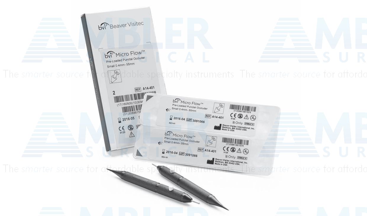 Micro Flow™ preloaded permanent partial punctal occluders, size small (0.40mm - 0.55mm), packaged individually sterile, 1 pair per box