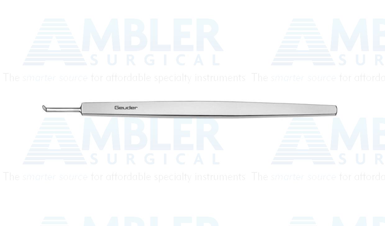 Paufique keratoplasty knife, 4 1/8'', angled, 2.0mm long cutting edge, 1.7mm wide semi-circular tip, flat handle