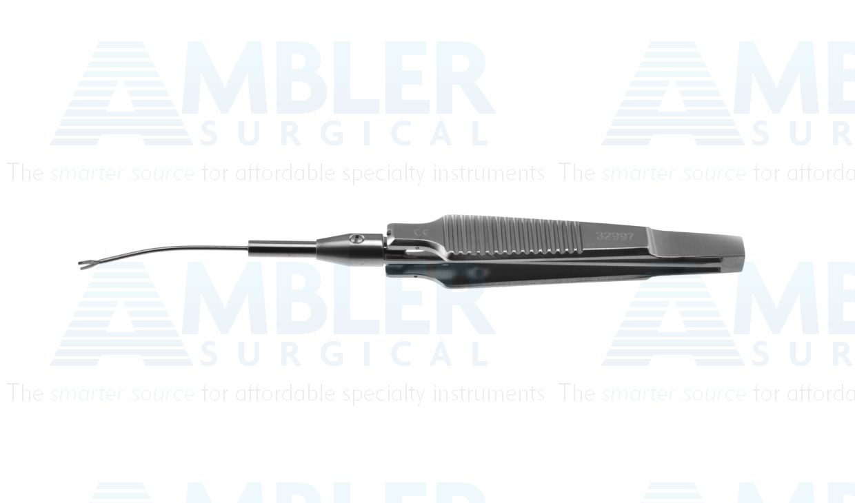 Snyder-Osher IOL removal forceps, curved shaft, 0.7mm diameter, straight, serrated, grasping tips, flat squeeze handle