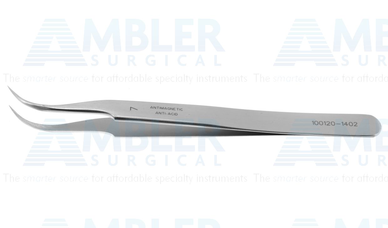 Jeweler's-type forceps #7, 4 3/8'',curved shafts, micro-fine pointed tips, flat handle