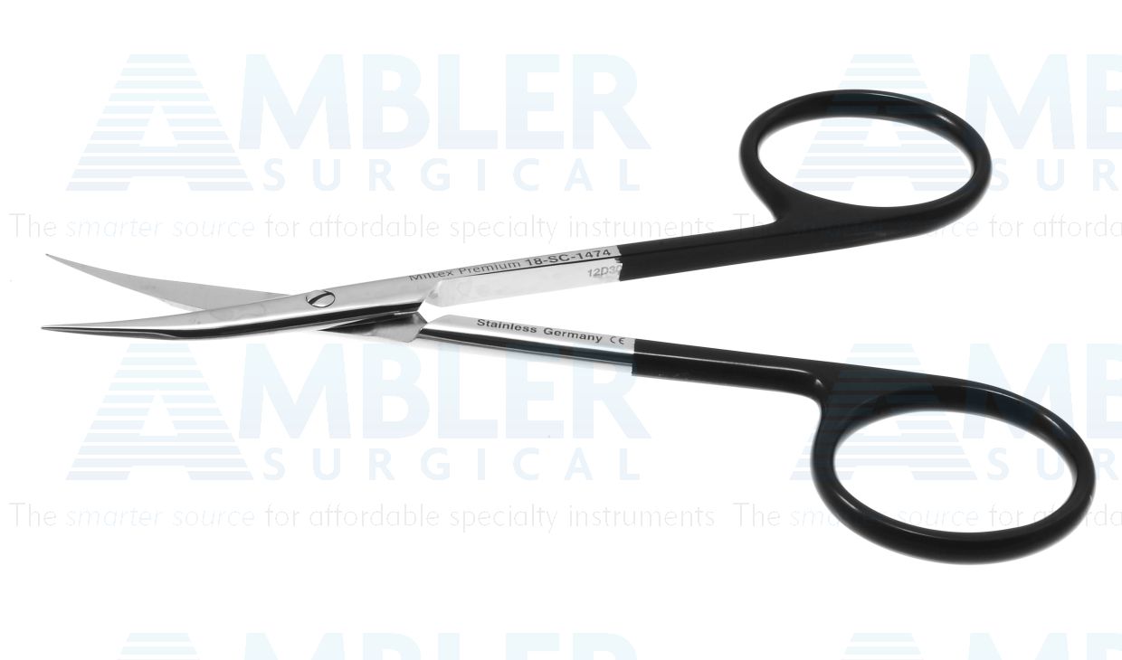 Stevens tenotomy scissors, 4 1/2'',curved Superior-Cut blades, micro serrated lower blade, sharp tips, black ring handle