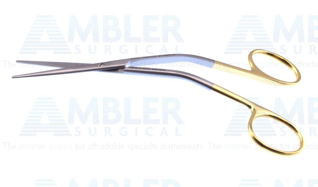 Fomon dorsal scissors, 5 1/2'',angled shanks, straight TC blades, blunt tips, gold ring handle