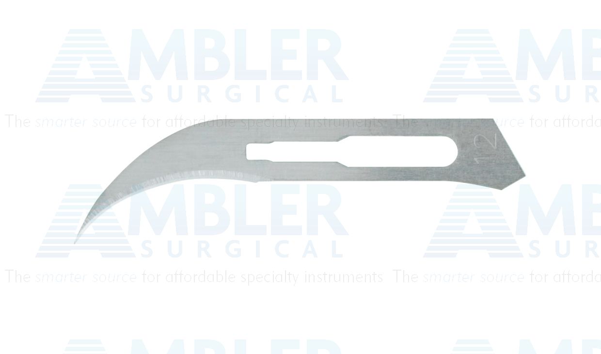 Stainless steel surgical blades, #12 blade size, packaged individually, sterile, disposable, box of 100