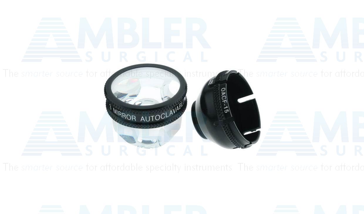 Ocular® Three mirror unversal style diagnostic lens with flange, 150º static gonio FOV, 0.61x image mag., 15.0mm contact diameter, 26.5mm lens height, autoclavable