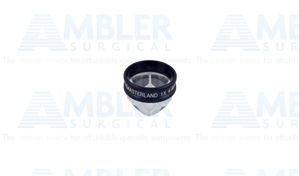 Ocular® Gaasterland four mirror gonio diagnostic lens, Laserlight® anti-reflective coating, with flange, 90º+ static Gonio FOV, 1.0x gonio mag., 15.0mm contact diameter, 24.5mm lens height, 24.5mm ring diameter