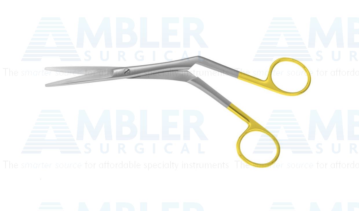 Septal scissors, 7 3/4'',angled shanks, straight beveled TC blades, micro serrated lower blade, blunt tips, ring handle