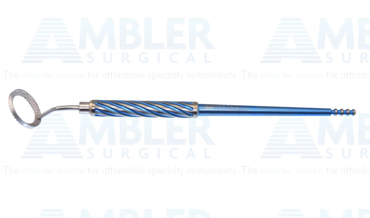 Mastel Gimbel-Mendez degree gauge, beveled face, 11.75mm internal diameter, 16.0mm outer diameter, measures 0-180° in 5° increments, ring mounted at 0/180°, Bores titanium handle