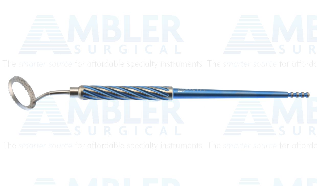 Mastel Gimbel-Mendez degree gauge, beveled face, 11.75mm internal diameter, 16.0mm outer diameter, measures 0-180° in 5° increments, ring mounted at 90°, Bores titanium handle