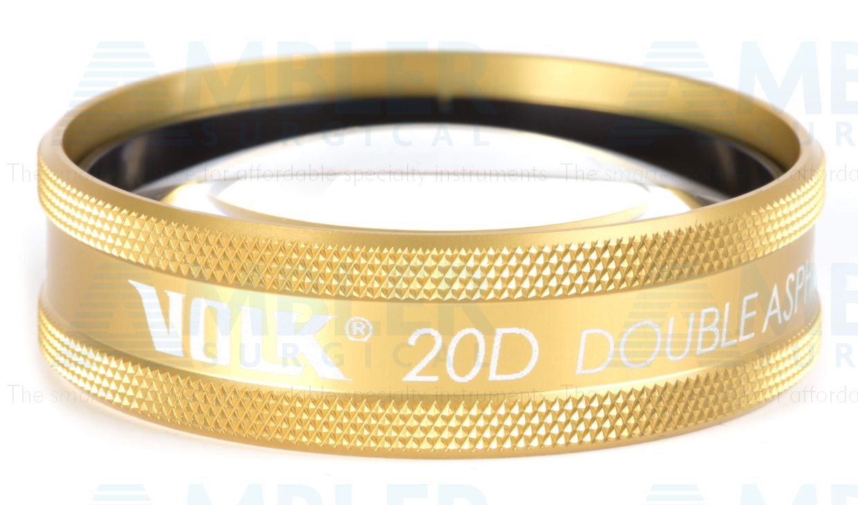Volk® 20D BIO lens, gold ring, 46°/60° FOV, 3.13x image mag., 0.32x laser spot, 50.0mm working distance, ideal for imaging of the macular and optic disc
