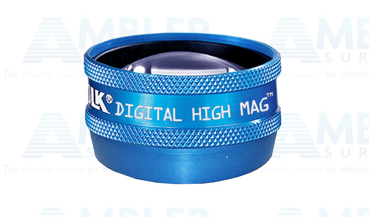 Volk® Digital High Mag® Digital series slit lamp lens, blue ring, 57°/70° FOV, 0.77x laser spot, 13.0mm working distance, ideal for high resolution, high magnification imaging of the central retina